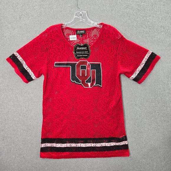 Oklahoma Sooners Women Top M Red Lace Jersey Rhinestones Gameday Couture NWT - Picture 1 of 10